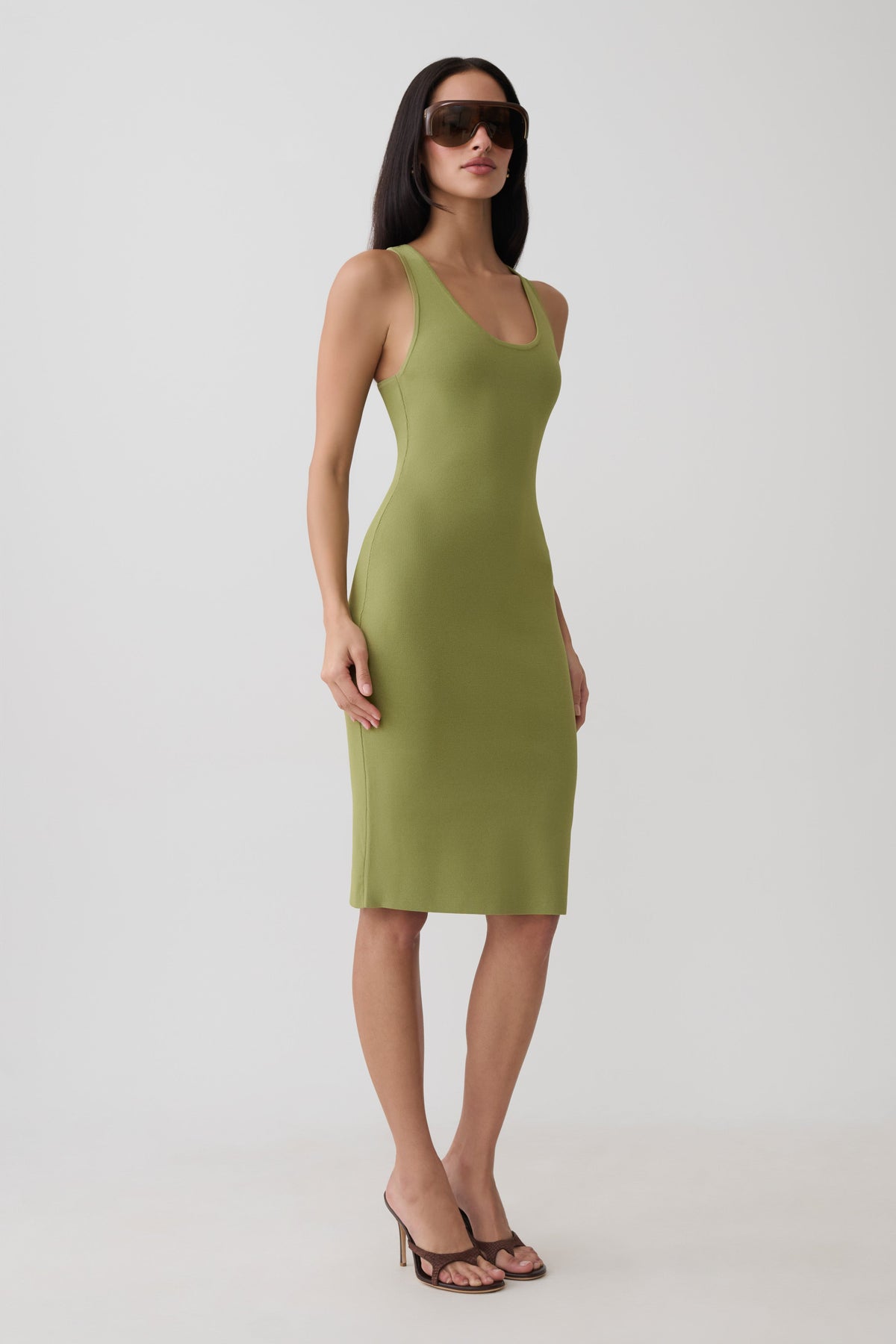 Racer Back Knee Length Knit Dress - Olive