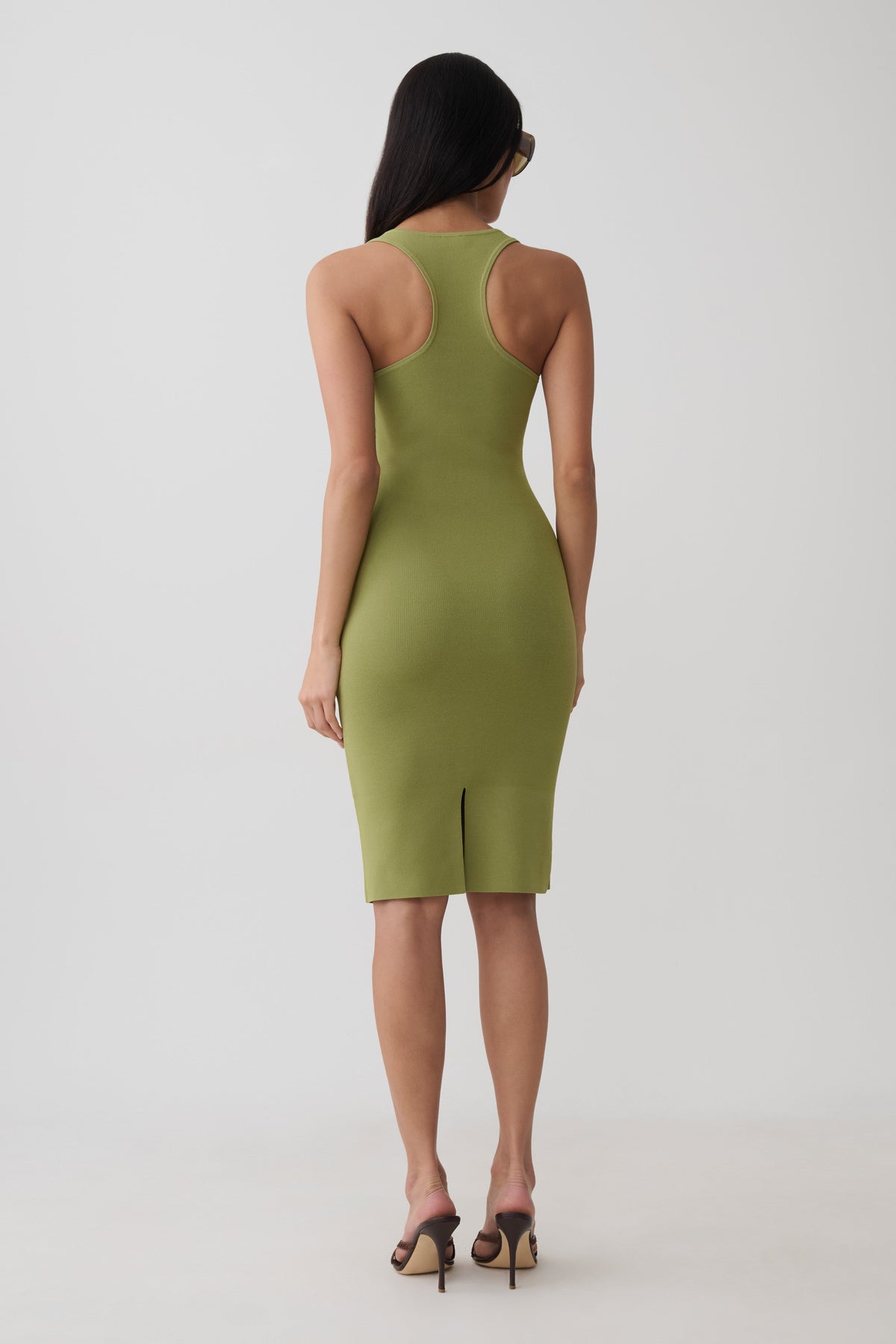Racer Back Knee Length Knit Dress - Olive