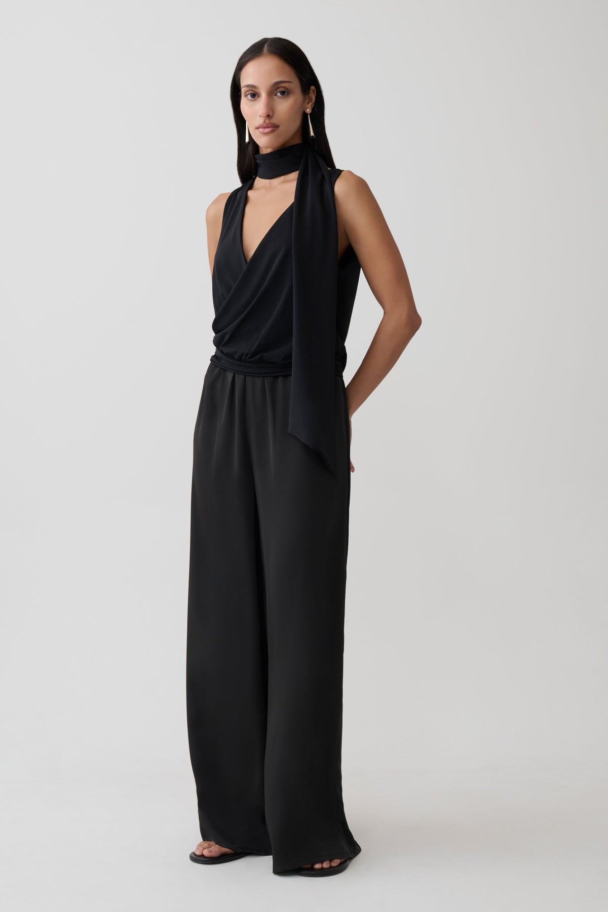 Overlap Top With Neck Scarf - Black
