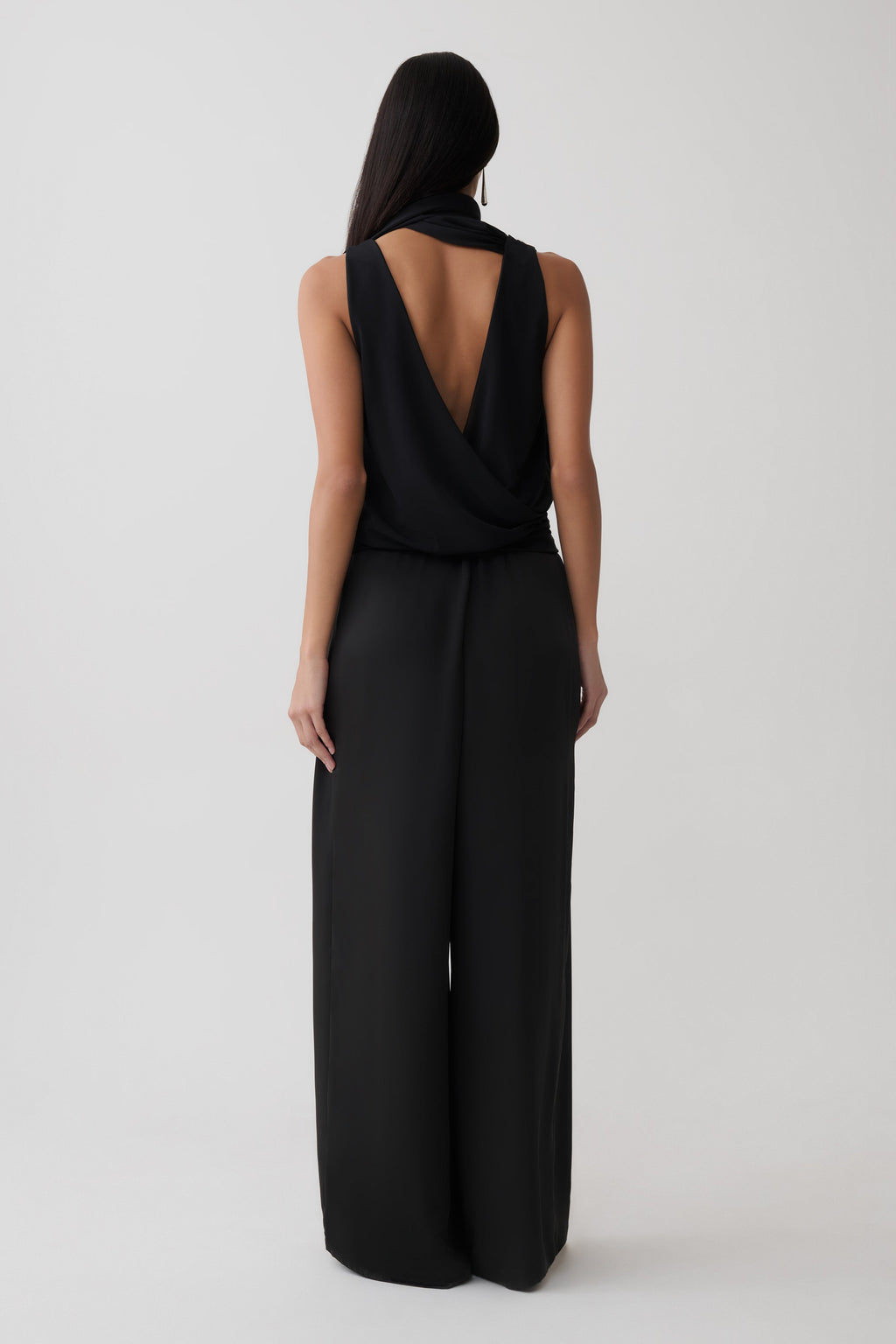 Overlap Top With Neck Scarf - Black