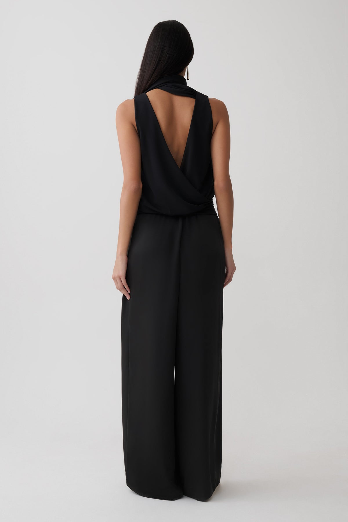 Overlap Top With Neck Scarf - Black