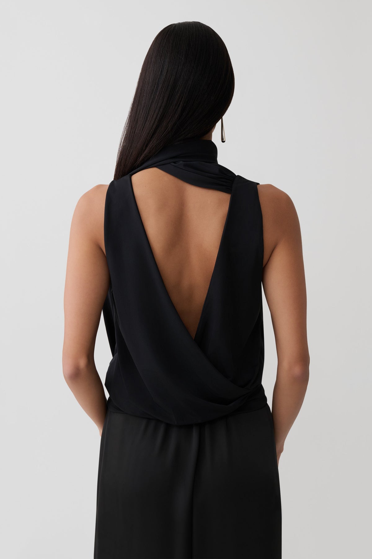 Overlap Top With Neck Scarf - Black