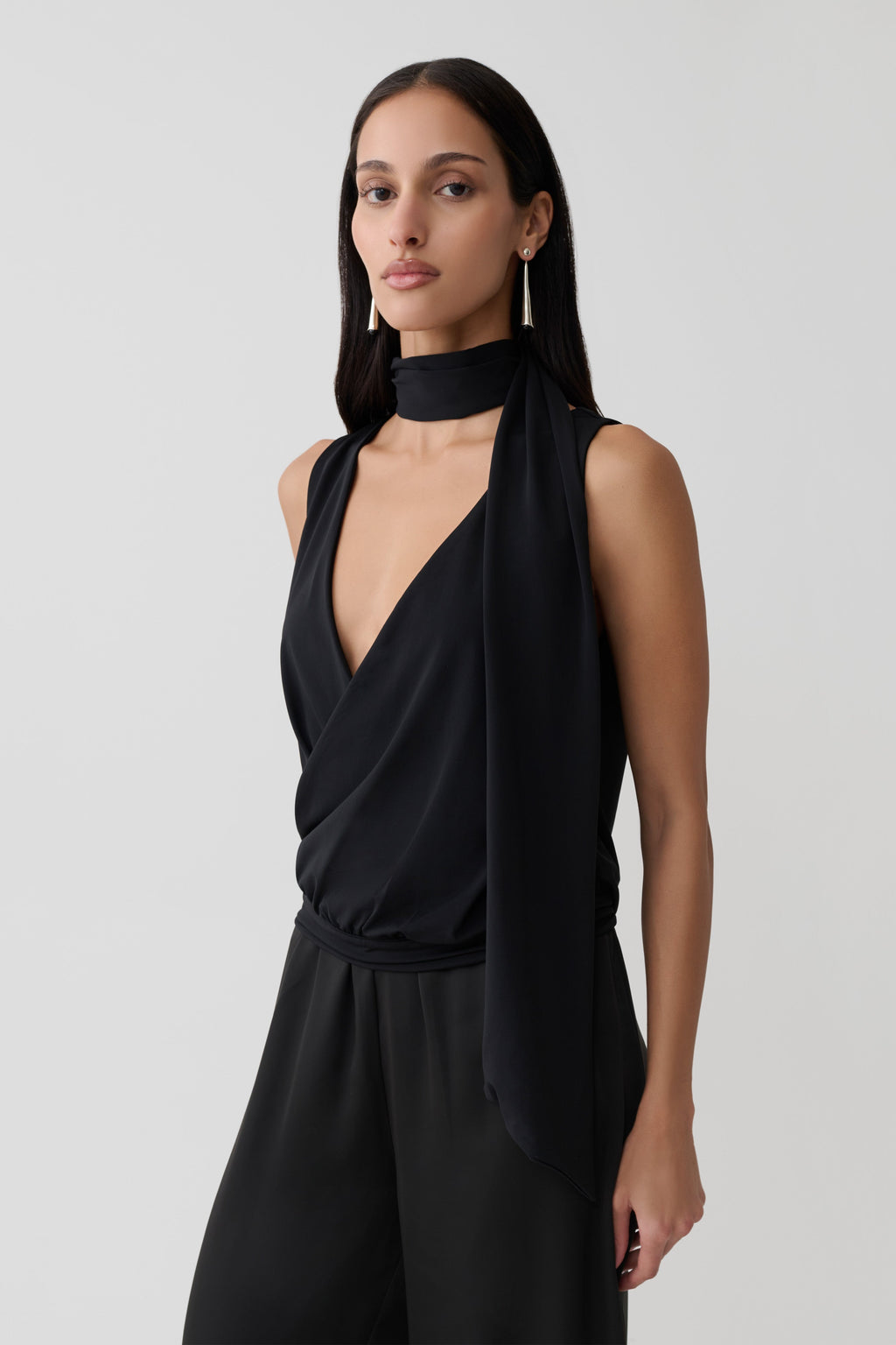 Overlap Top With Neck Scarf - Black