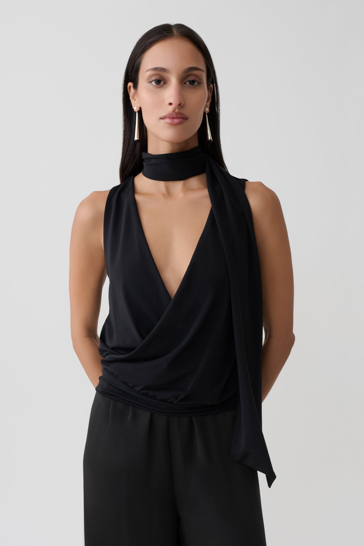 Overlap Top With Neck Scarf - Black