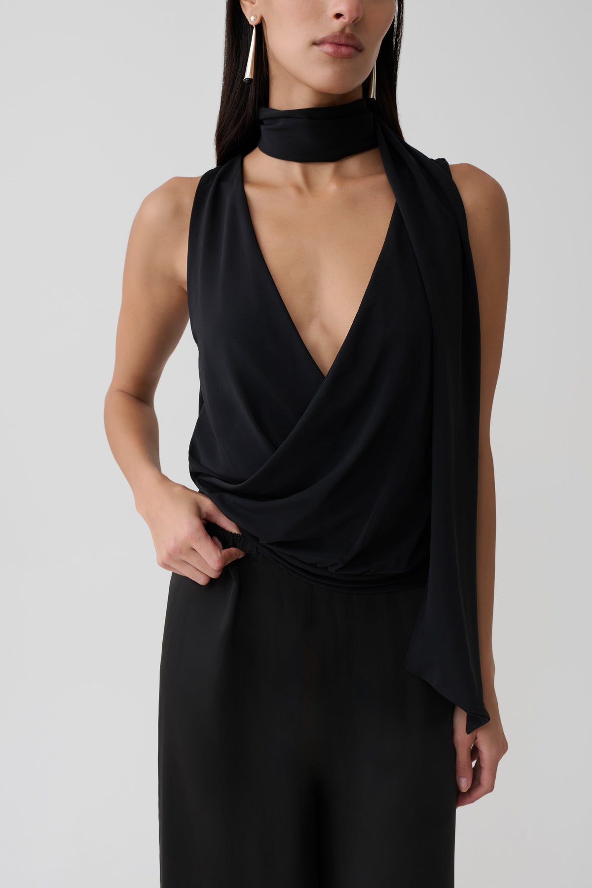 Overlap Top With Neck Scarf - Black