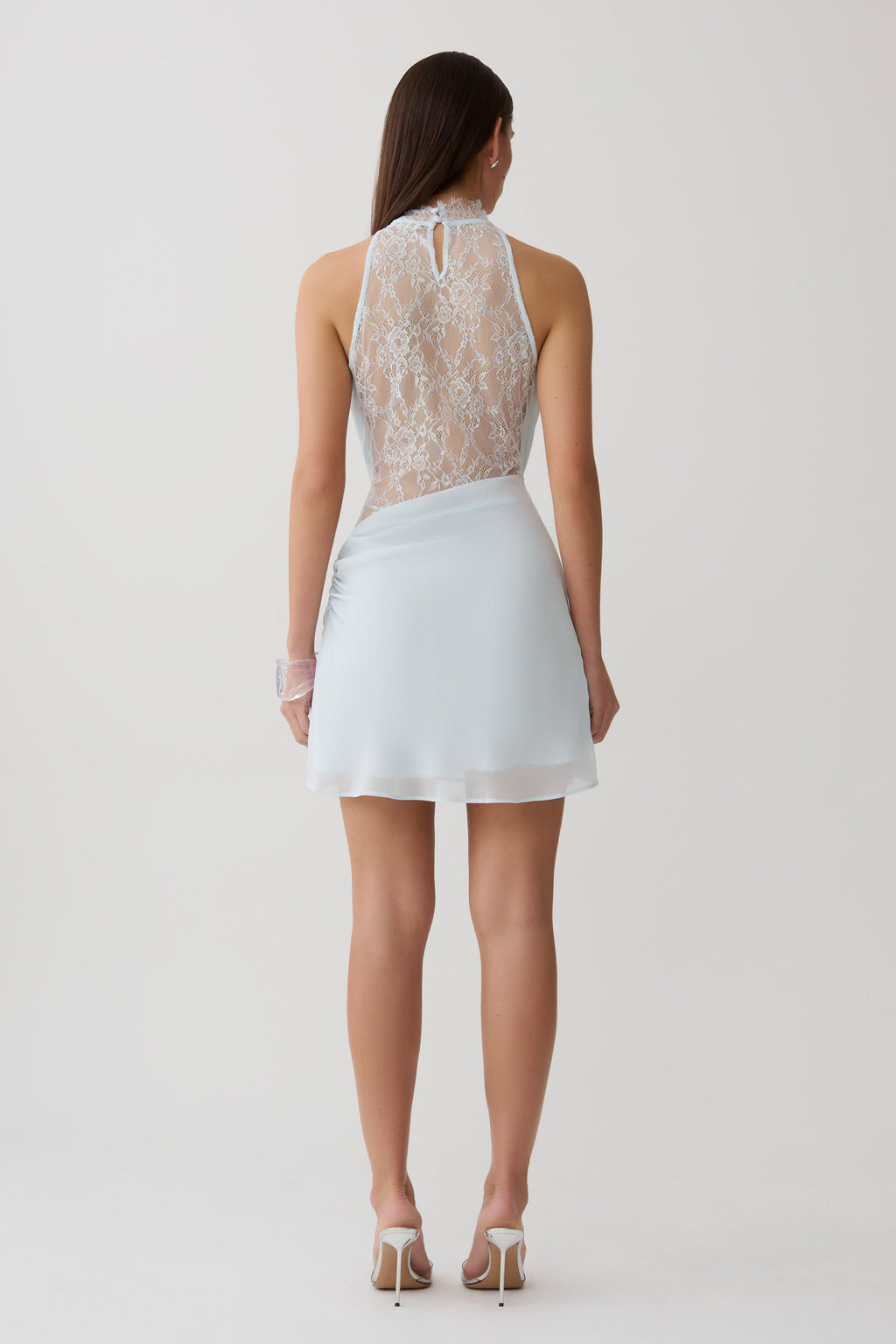 Chiffon And Lace Halter Mini Dress - Ice Blue