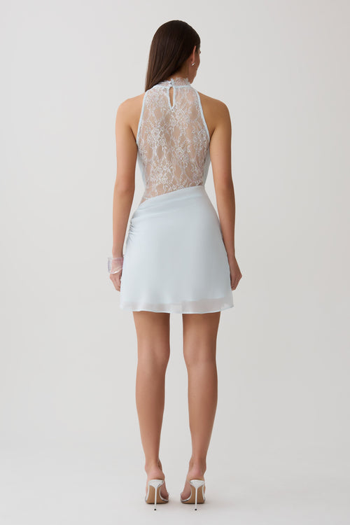 Chiffon And Lace Halter Mini Dress - Ice Blue