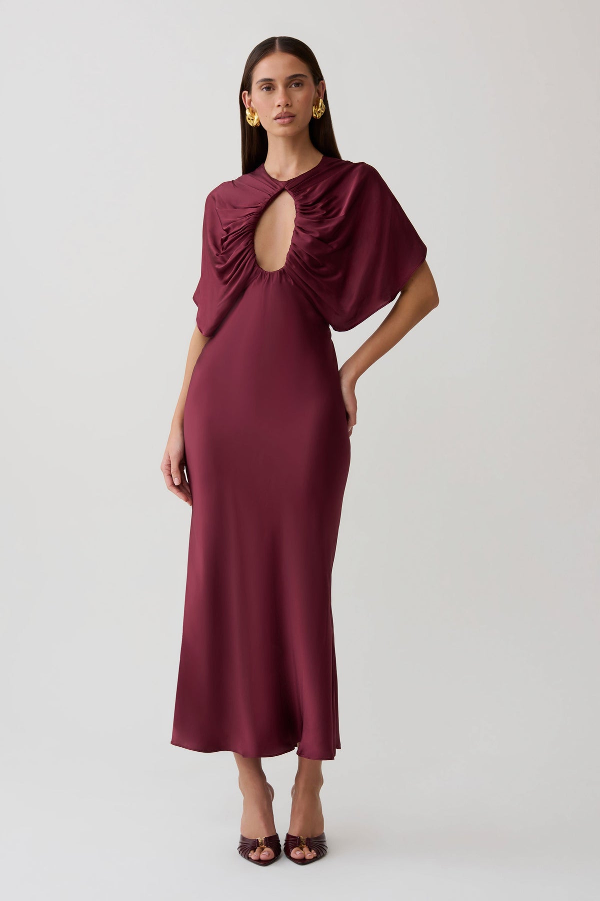 Cut Out Satin Midi Dress - Burgundy