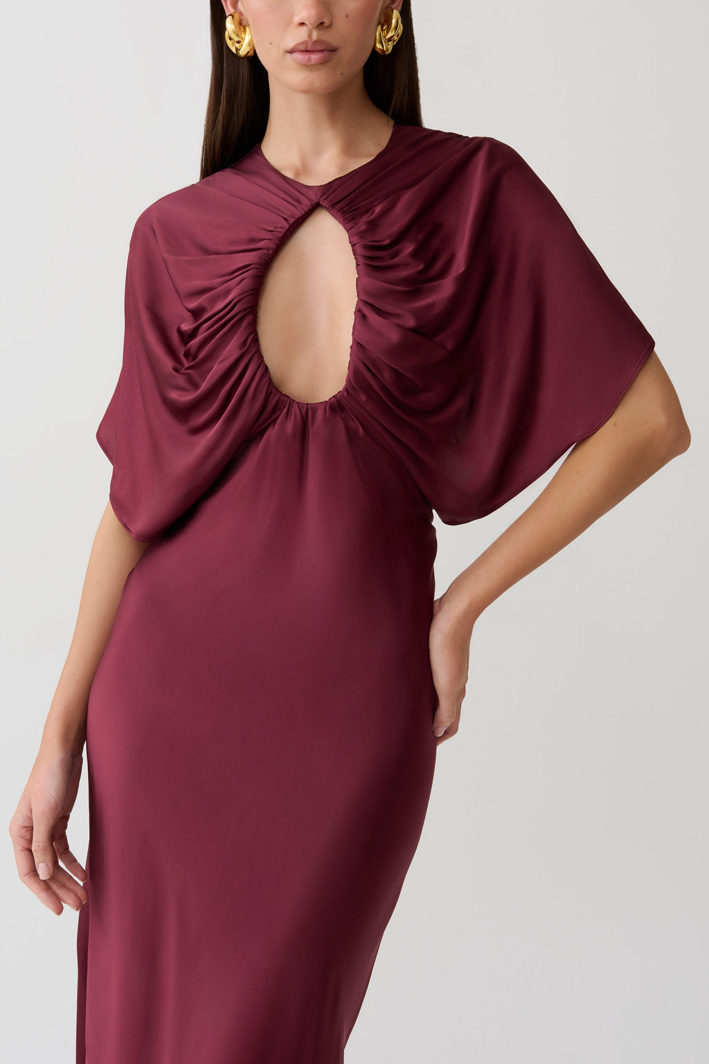 Cut Out Satin Midi Dress - Burgundy