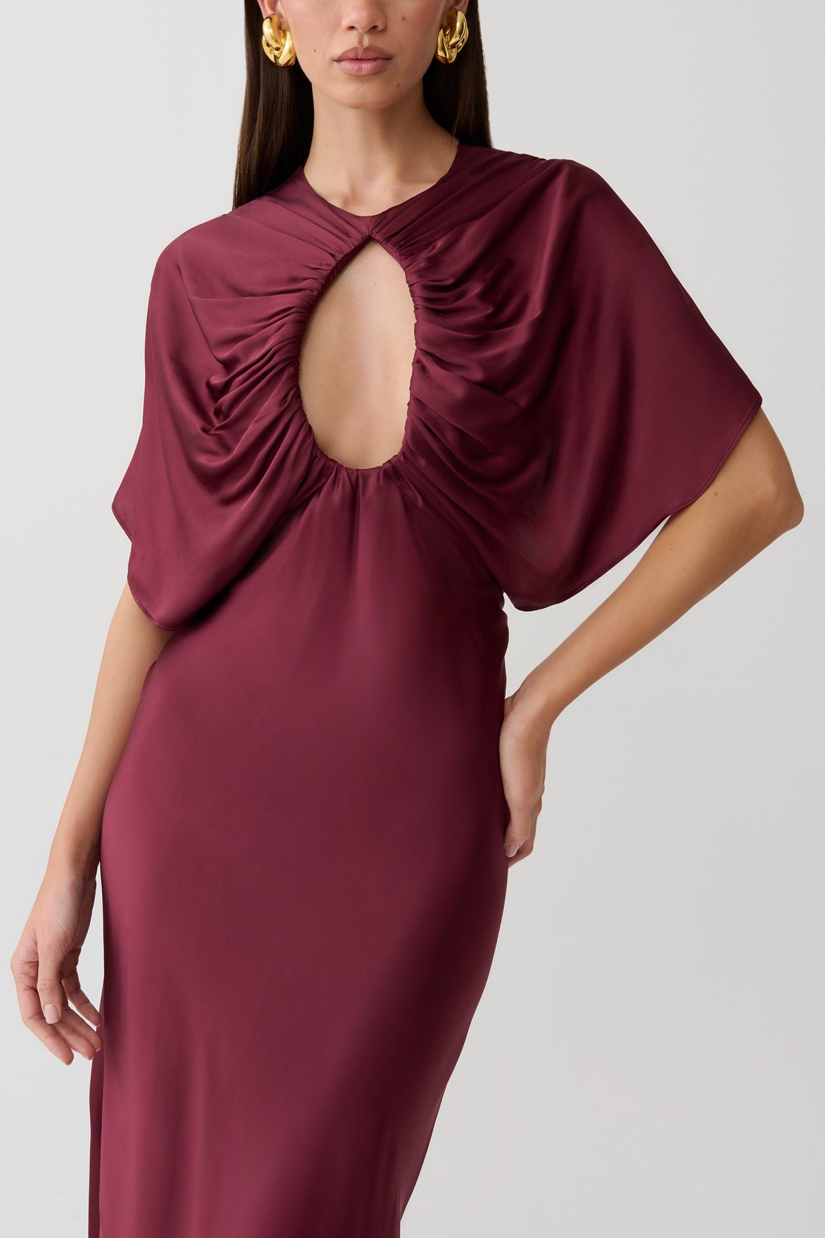 Cut Out Satin Midi Dress - Burgundy