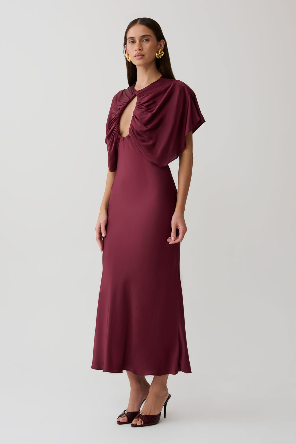 Cut Out Satin Midi Dress - Burgundy