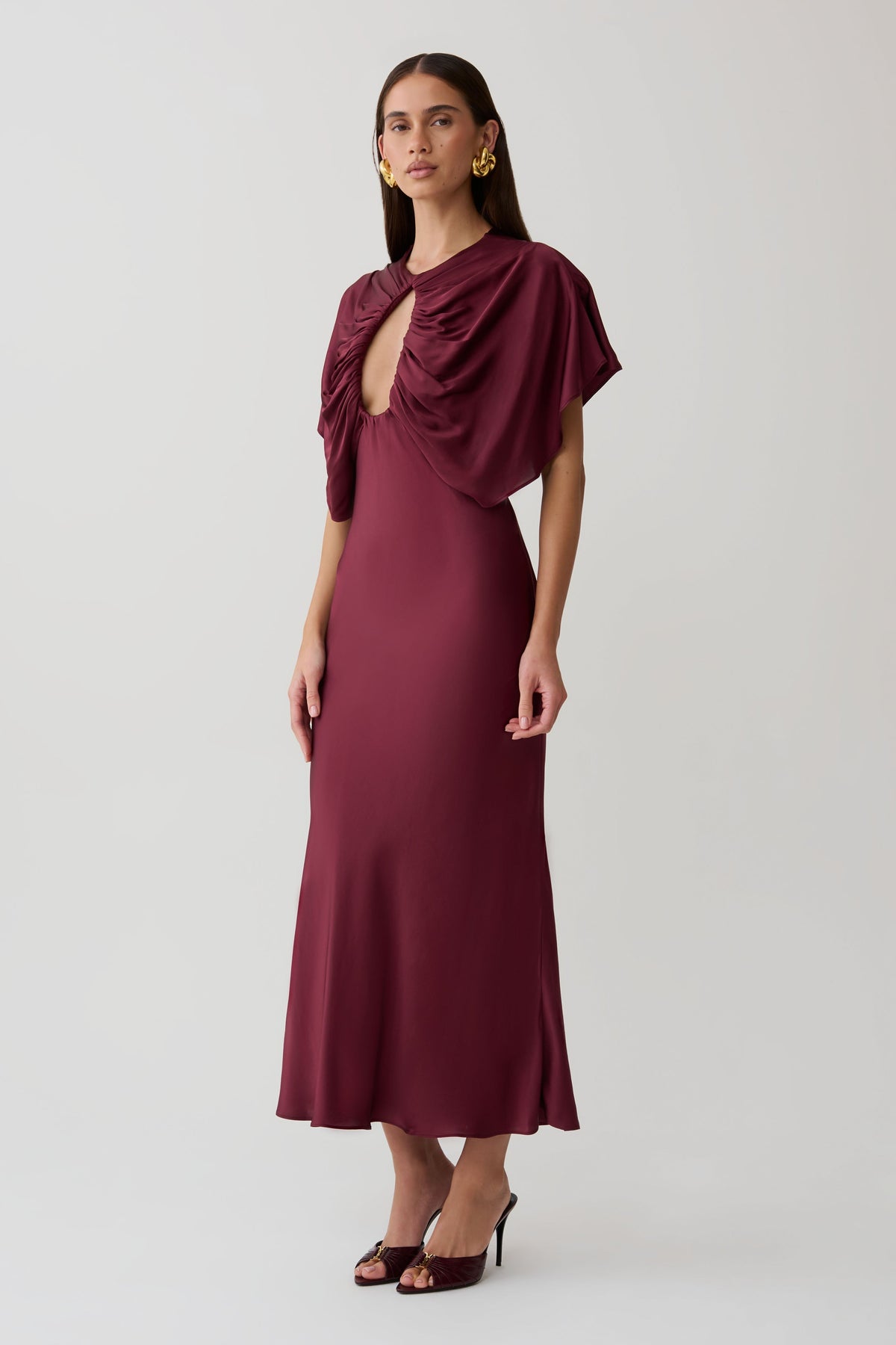 Cut Out Satin Midi Dress - Burgundy