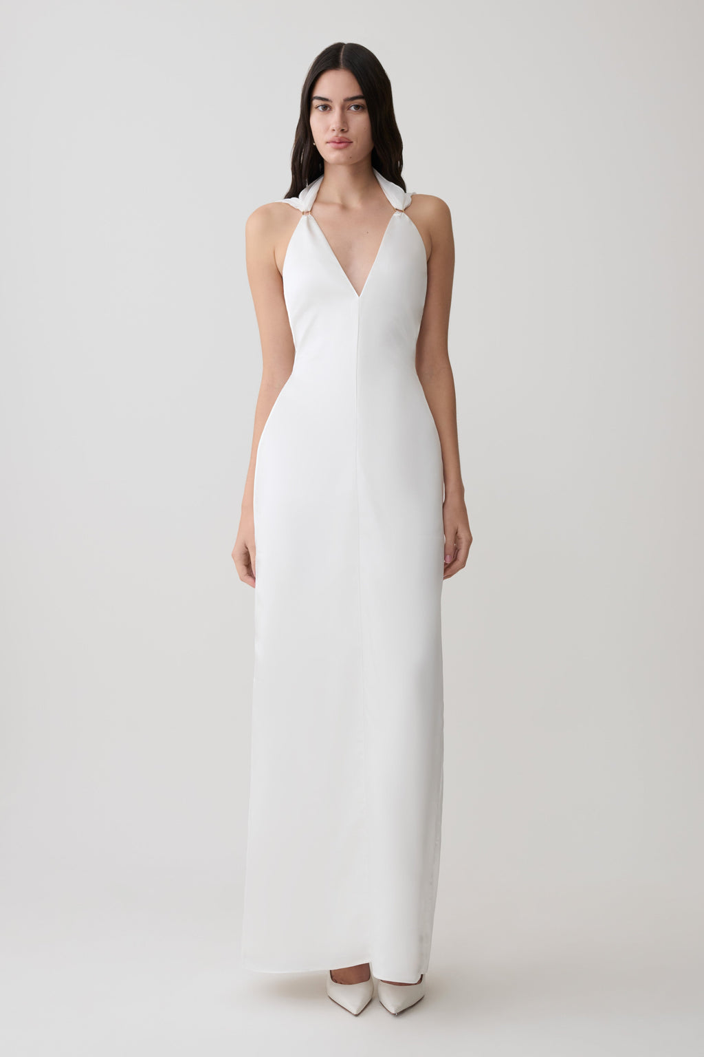 Draped Shoulders Satin Maxi Dress - White