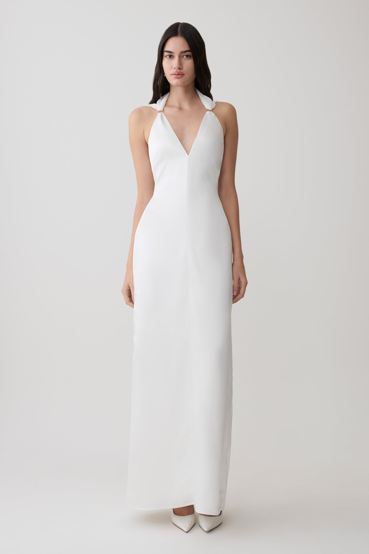 Draped Shoulders Satin Maxi Dress - White