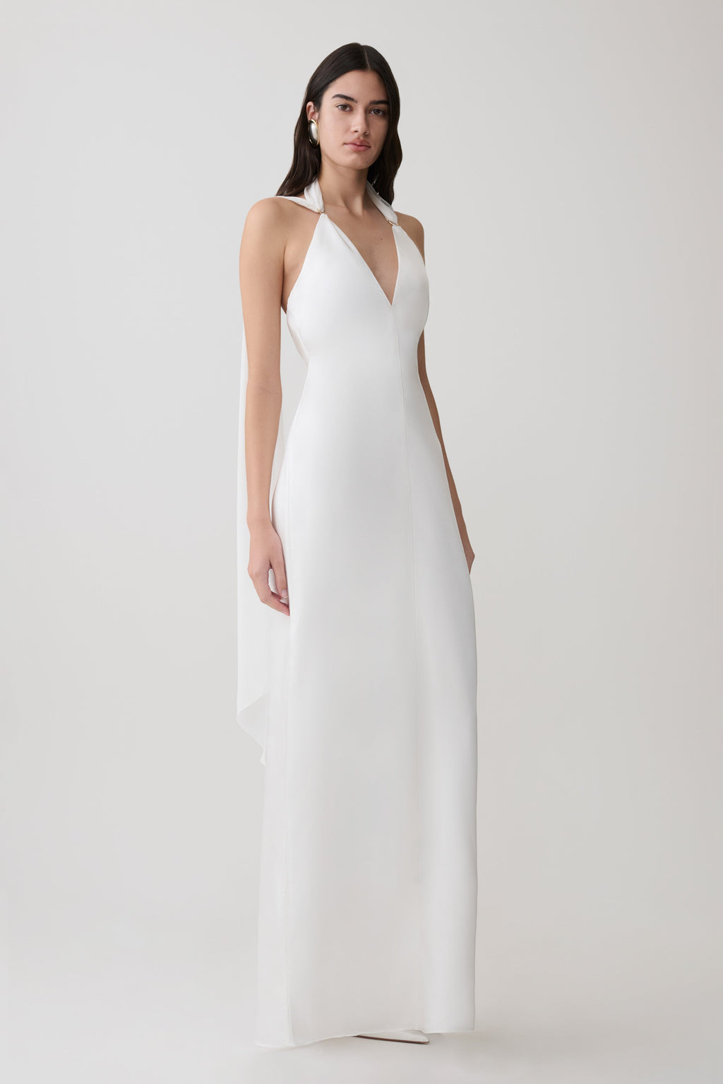Draped Shoulders Satin Maxi Dress - White