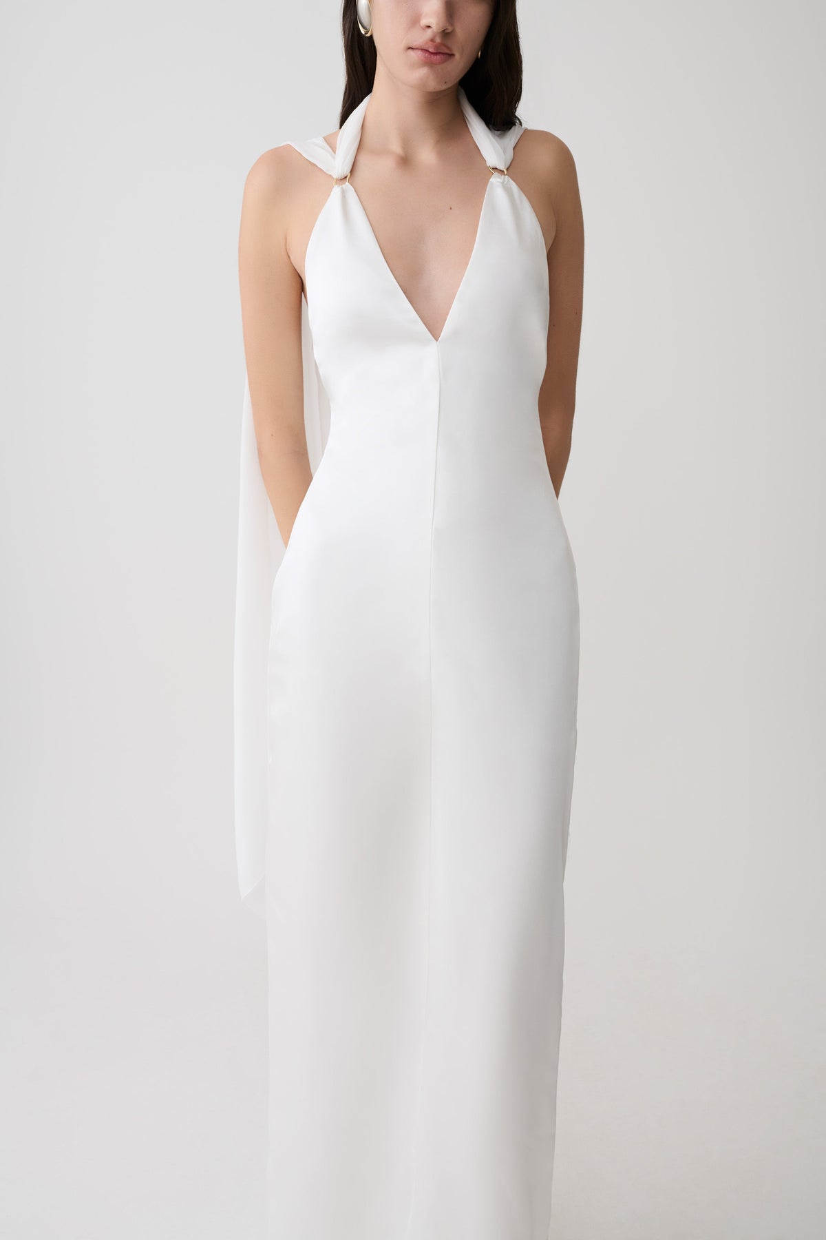 Draped Shoulders Satin Maxi Dress - White