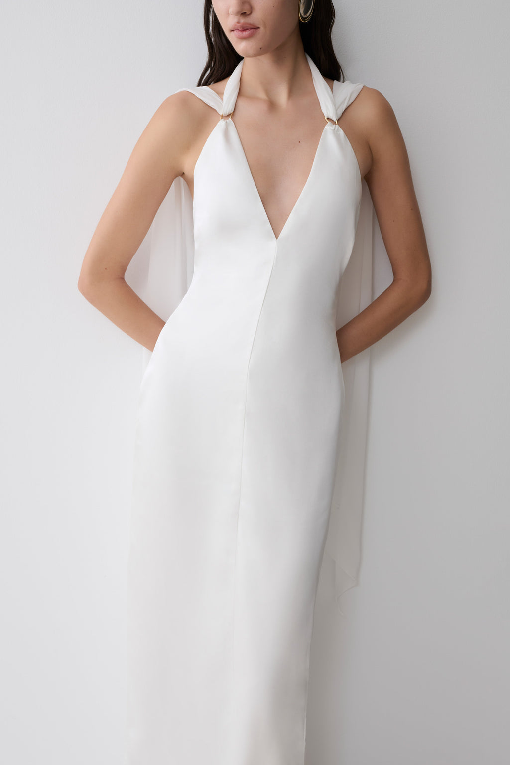 Draped Shoulders Satin Maxi Dress - White