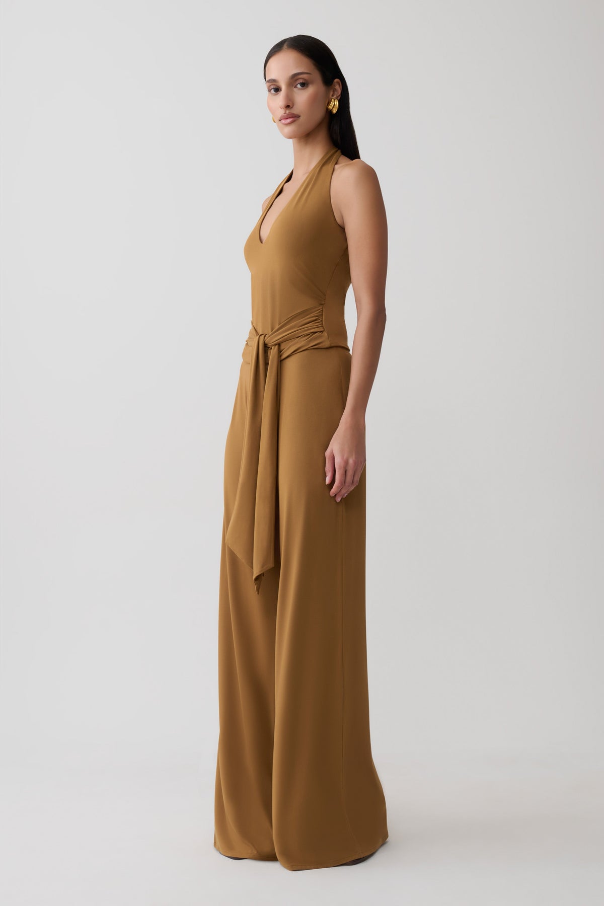 Wide Leg Peached Jersey Pants - Caramel