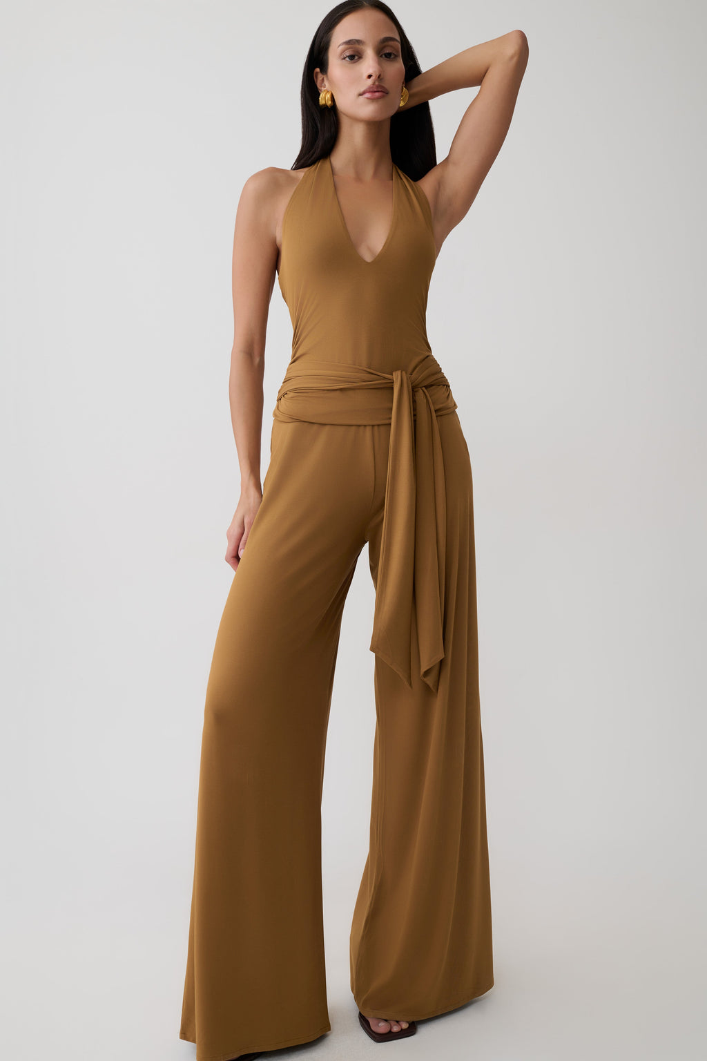 Wide Leg Peached Jersey Pants - Caramel