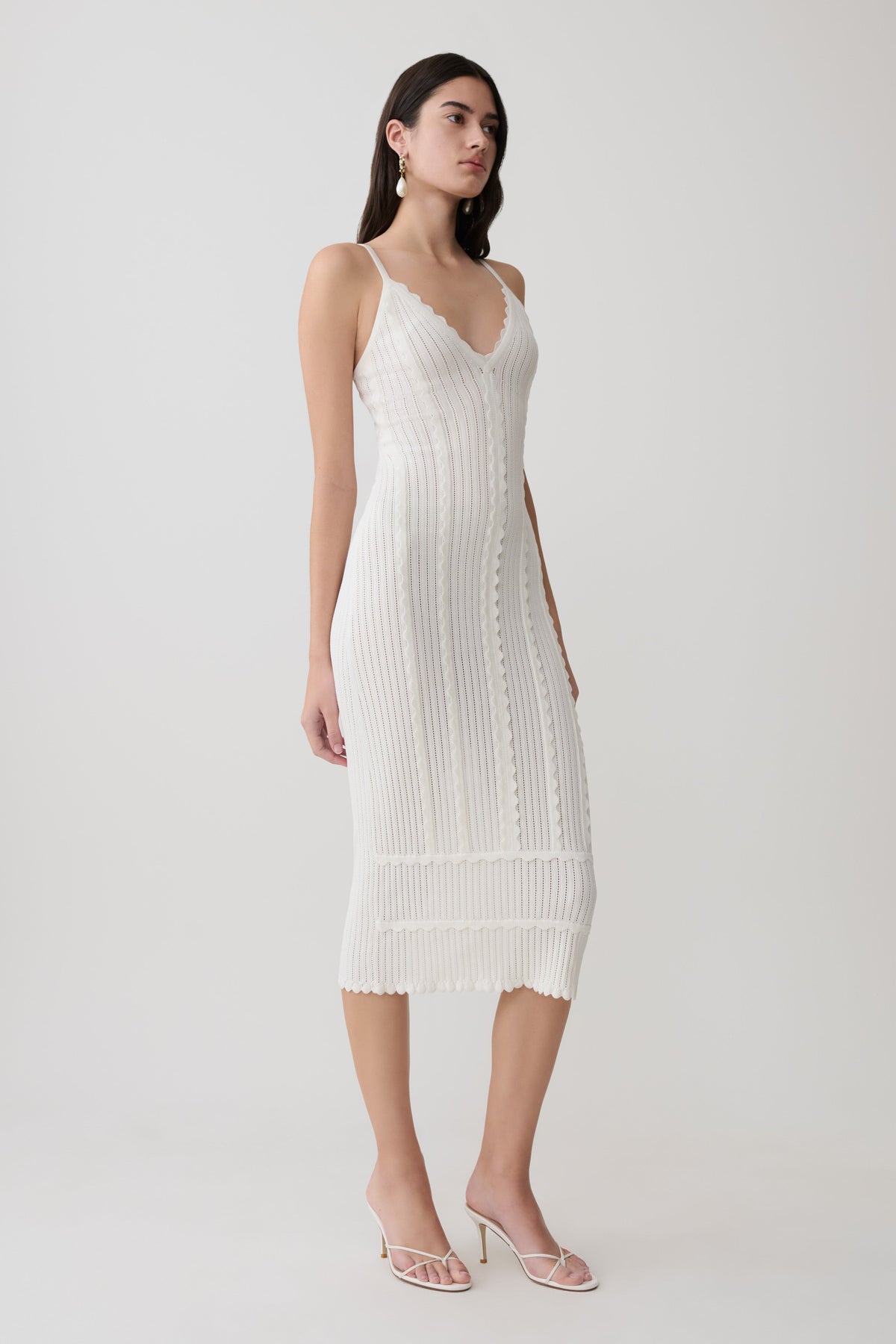 Scalloped Neckline Pointelle Midi Dress - White