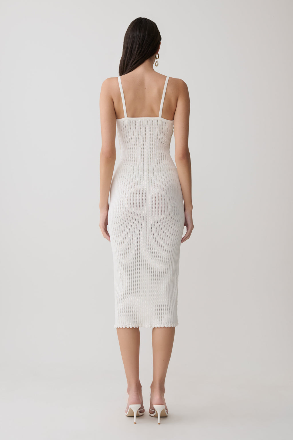 Scalloped Neckline Pointelle Midi Dress - White