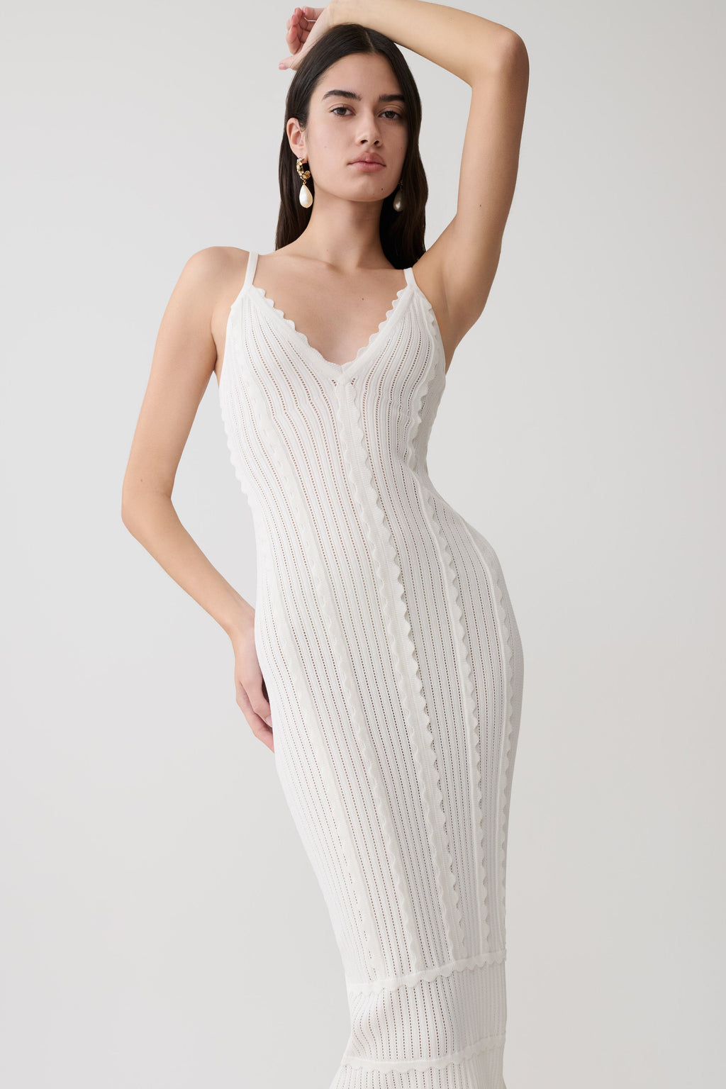 Scalloped Neckline Pointelle Midi Dress - White