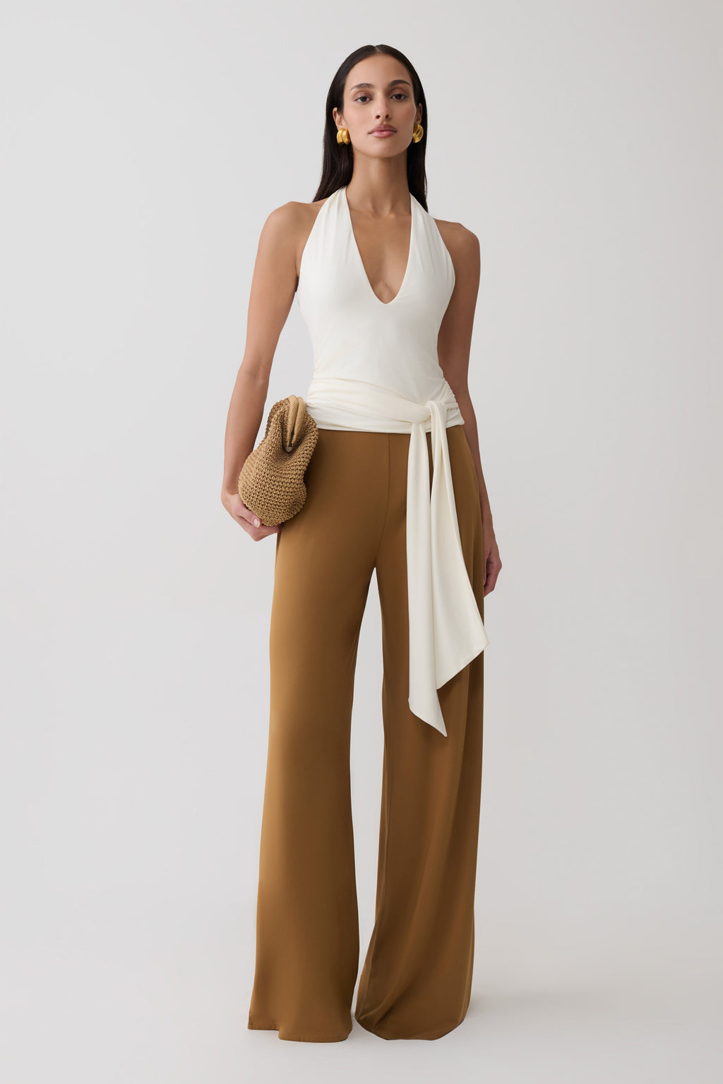 Wide Leg Peached Jersey Pants - Caramel