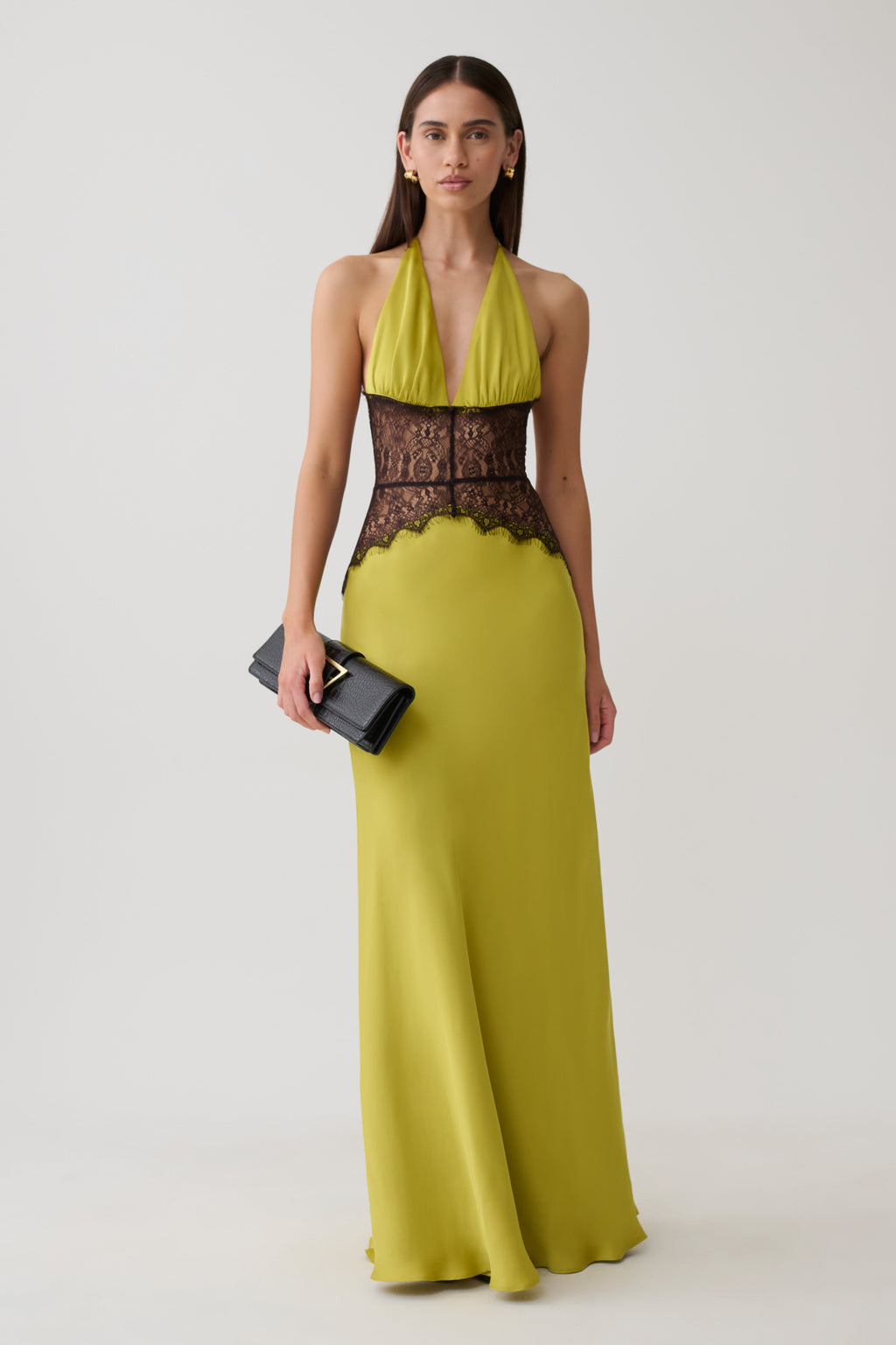 Lace And Satin Maxi Dress - Chartreuse