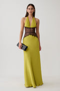 Lace And Satin Maxi Dress - Chartreuse