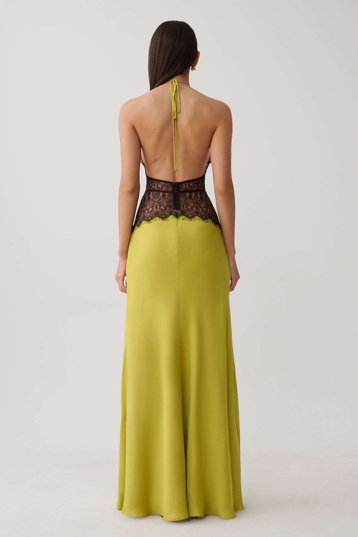 Lace And Satin Maxi Dress - Chartreuse