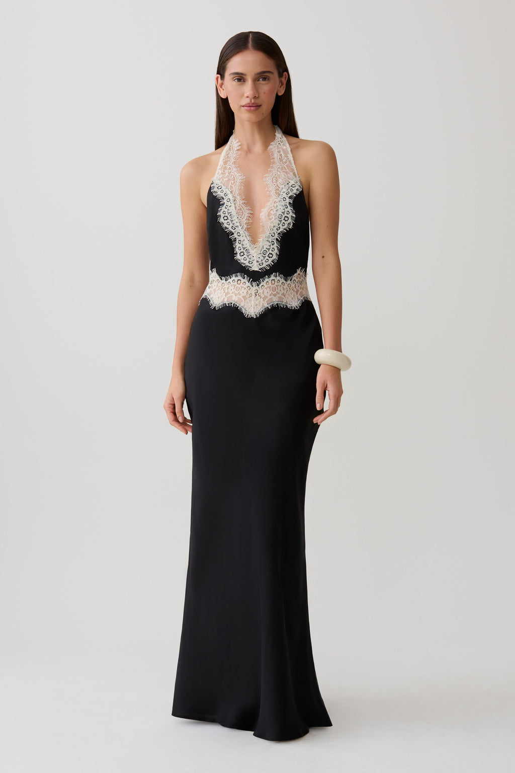 Satin And Lace Maxi Dress - Black/Ivory