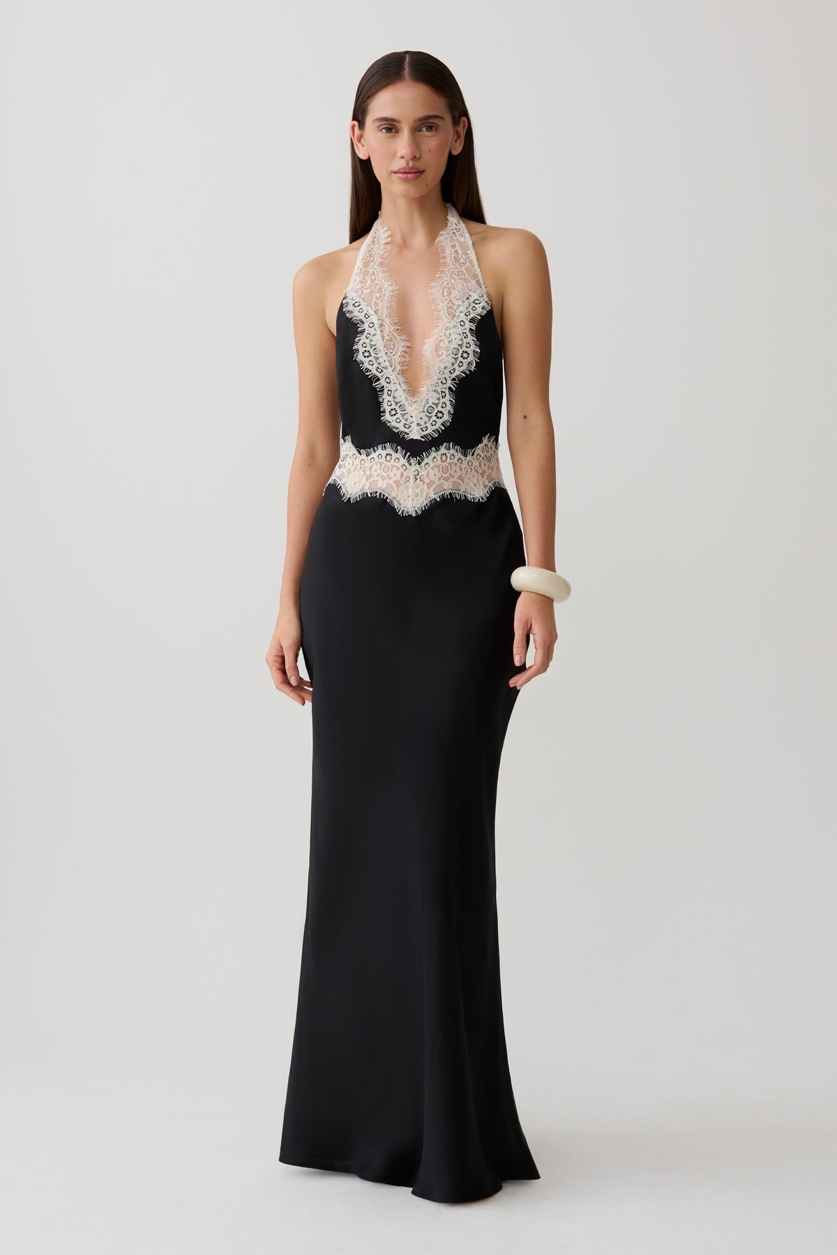 Satin And Lace Maxi Dress - Black/Ivory