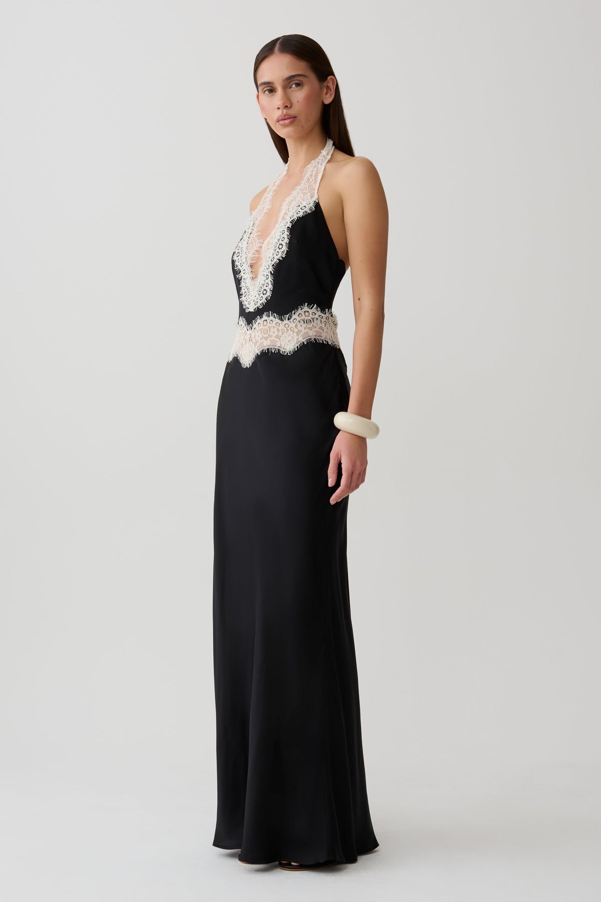 Satin And Lace Maxi Dress - Black/Ivory