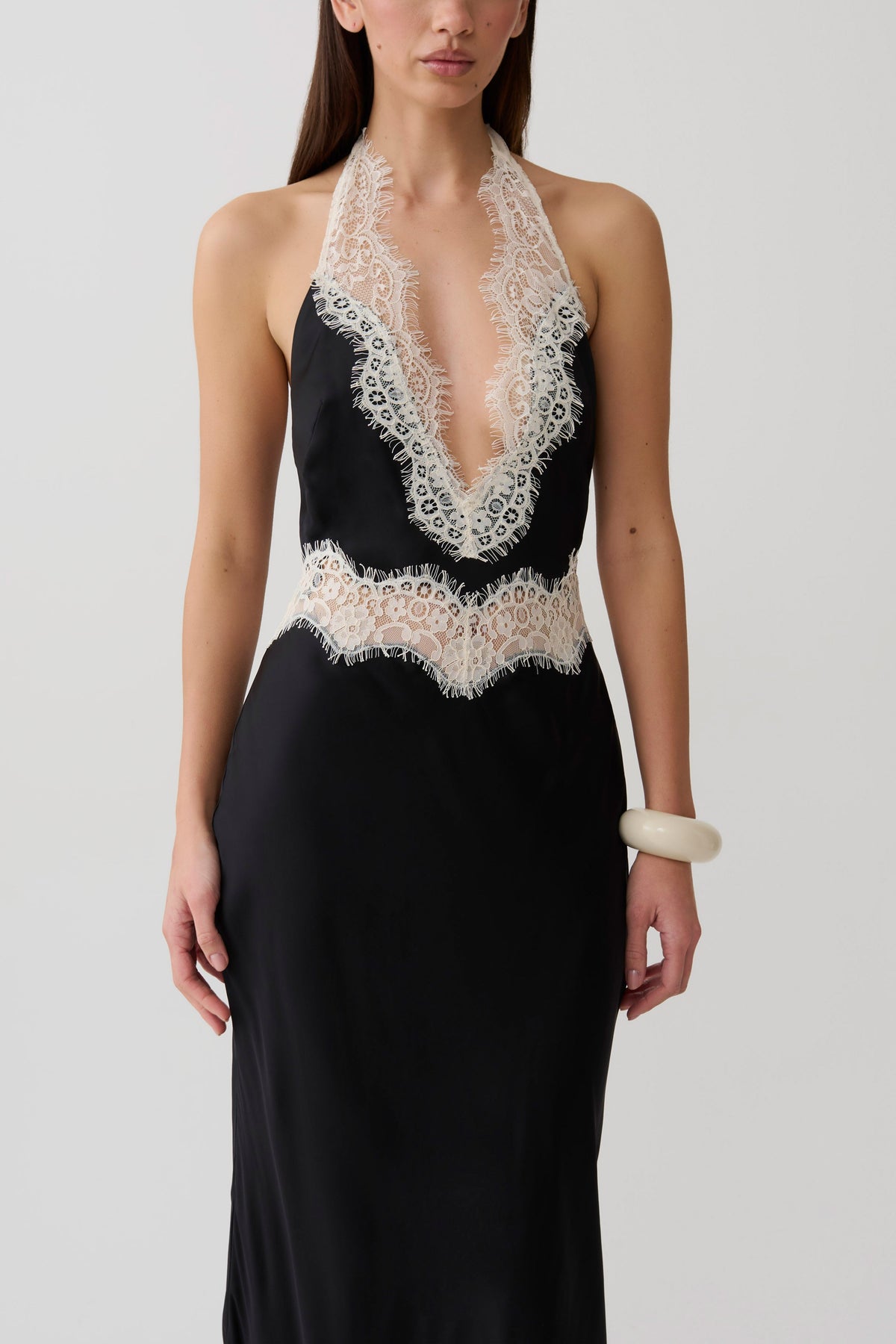 Satin And Lace Maxi Dress - Black/Ivory