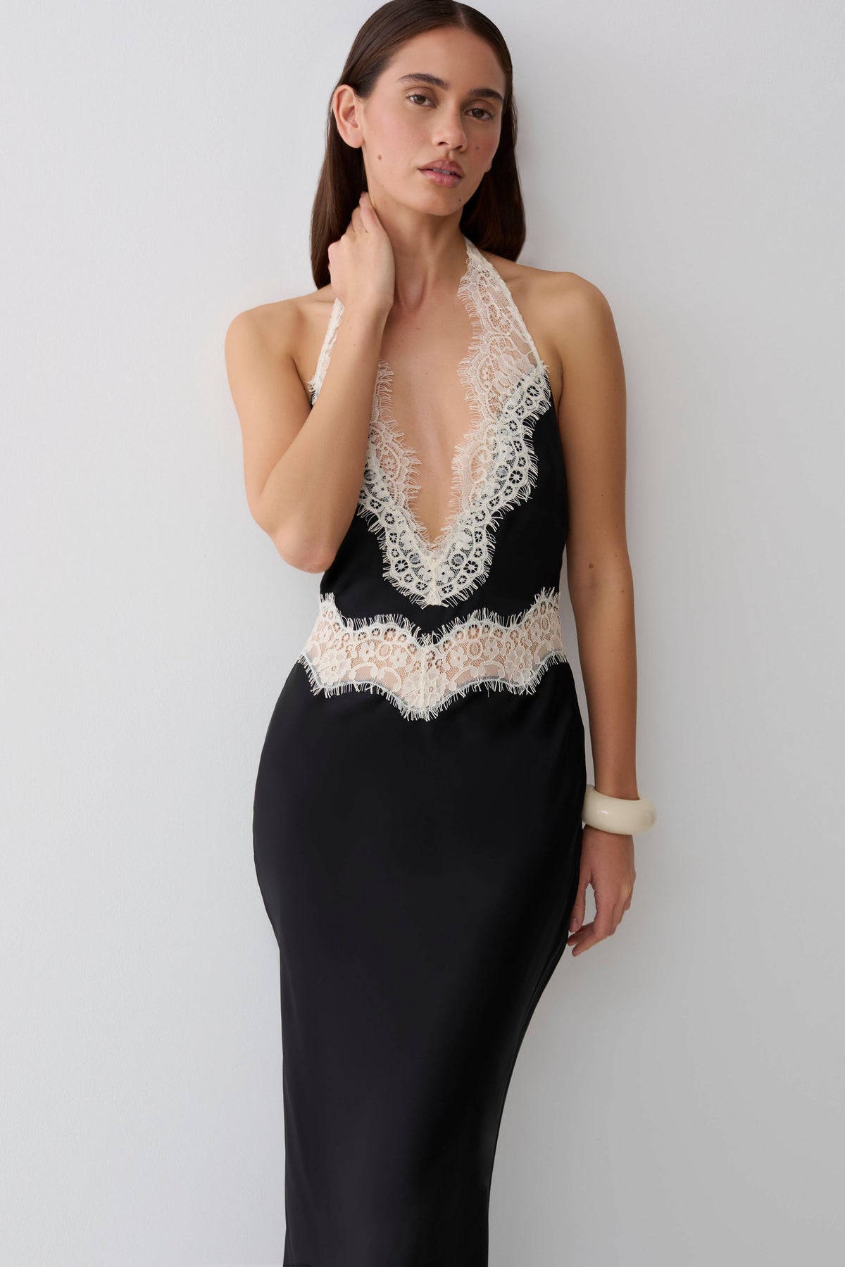 Satin And Lace Maxi Dress - Black/Ivory