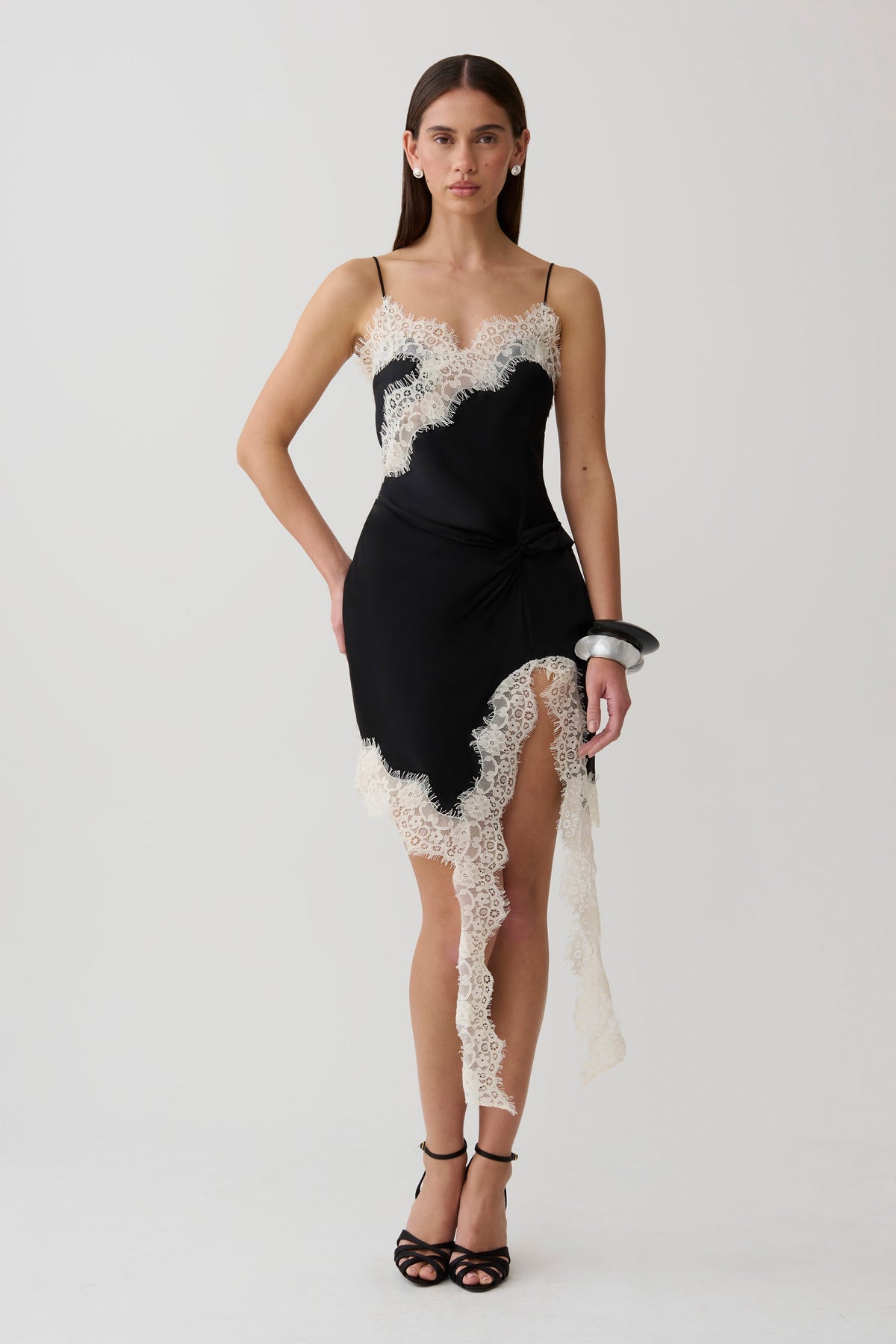 Satin And Lace Mini Dress - Black/Ivory