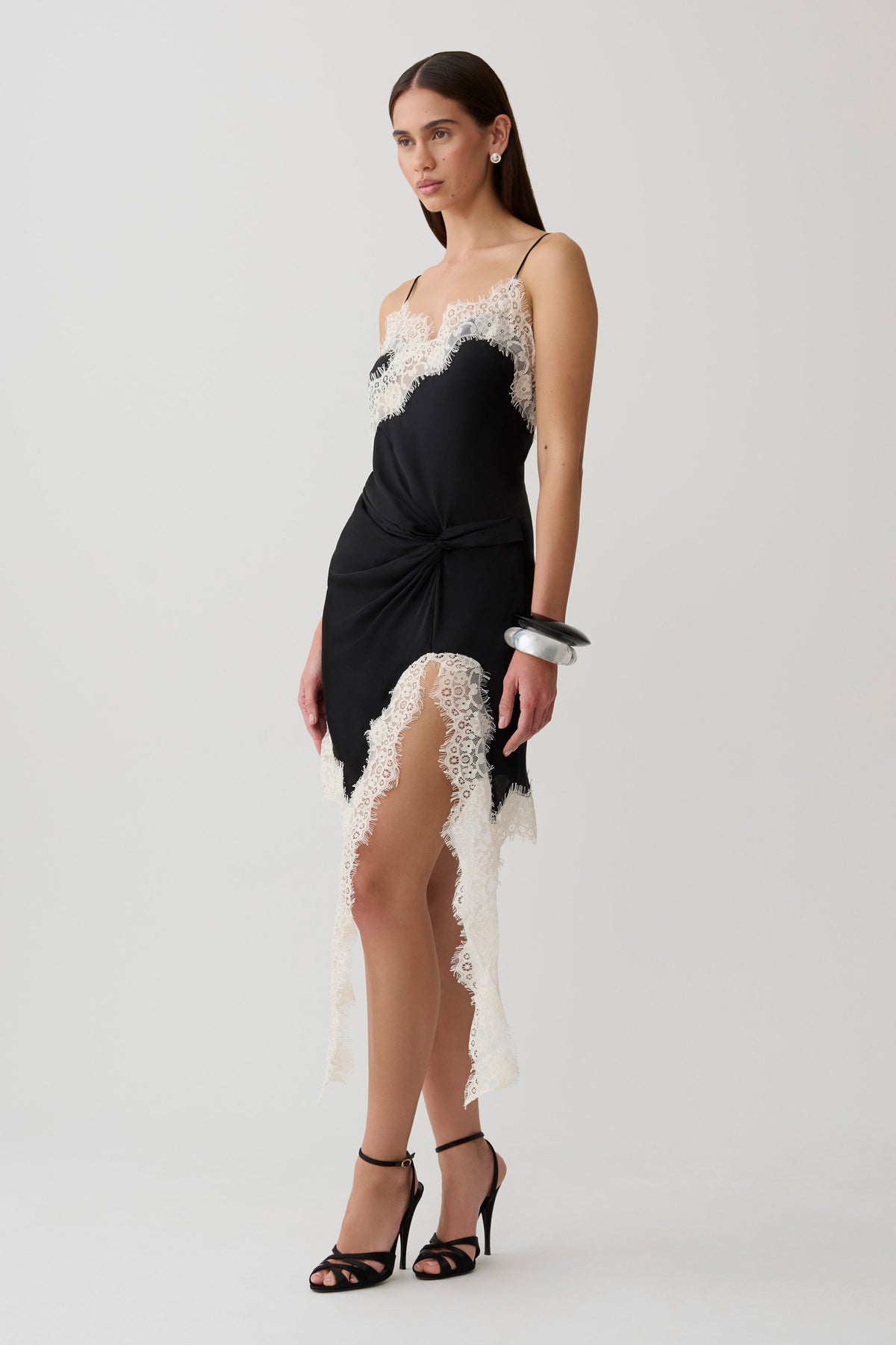 Satin And Lace Mini Dress - Black/Ivory