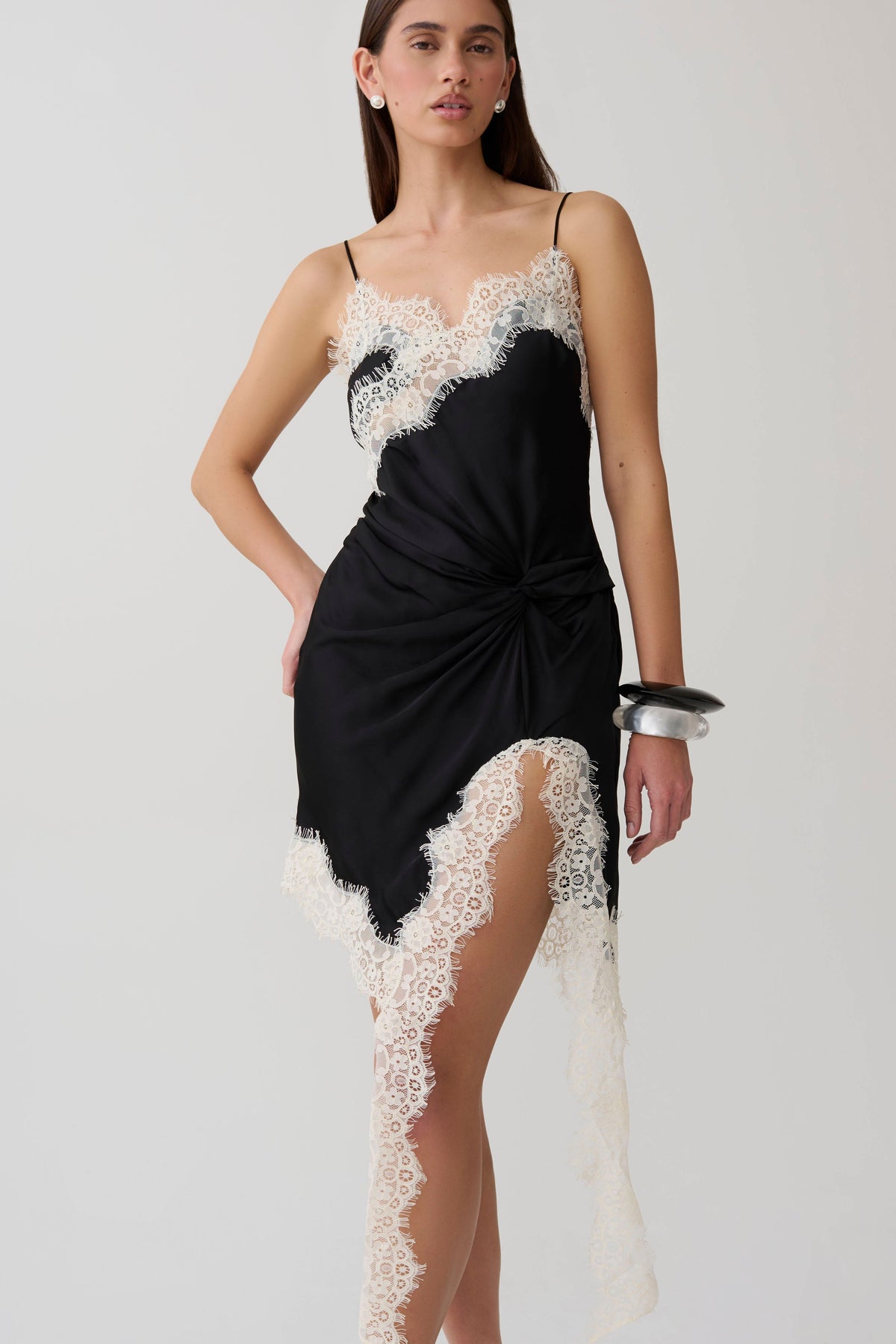 Satin And Lace Mini Dress - Black/Ivory