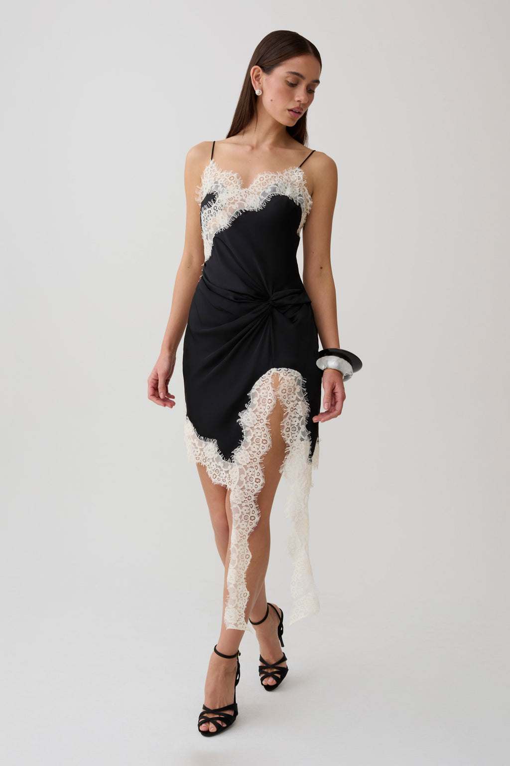 Satin And Lace Mini Dress - Black/Ivory