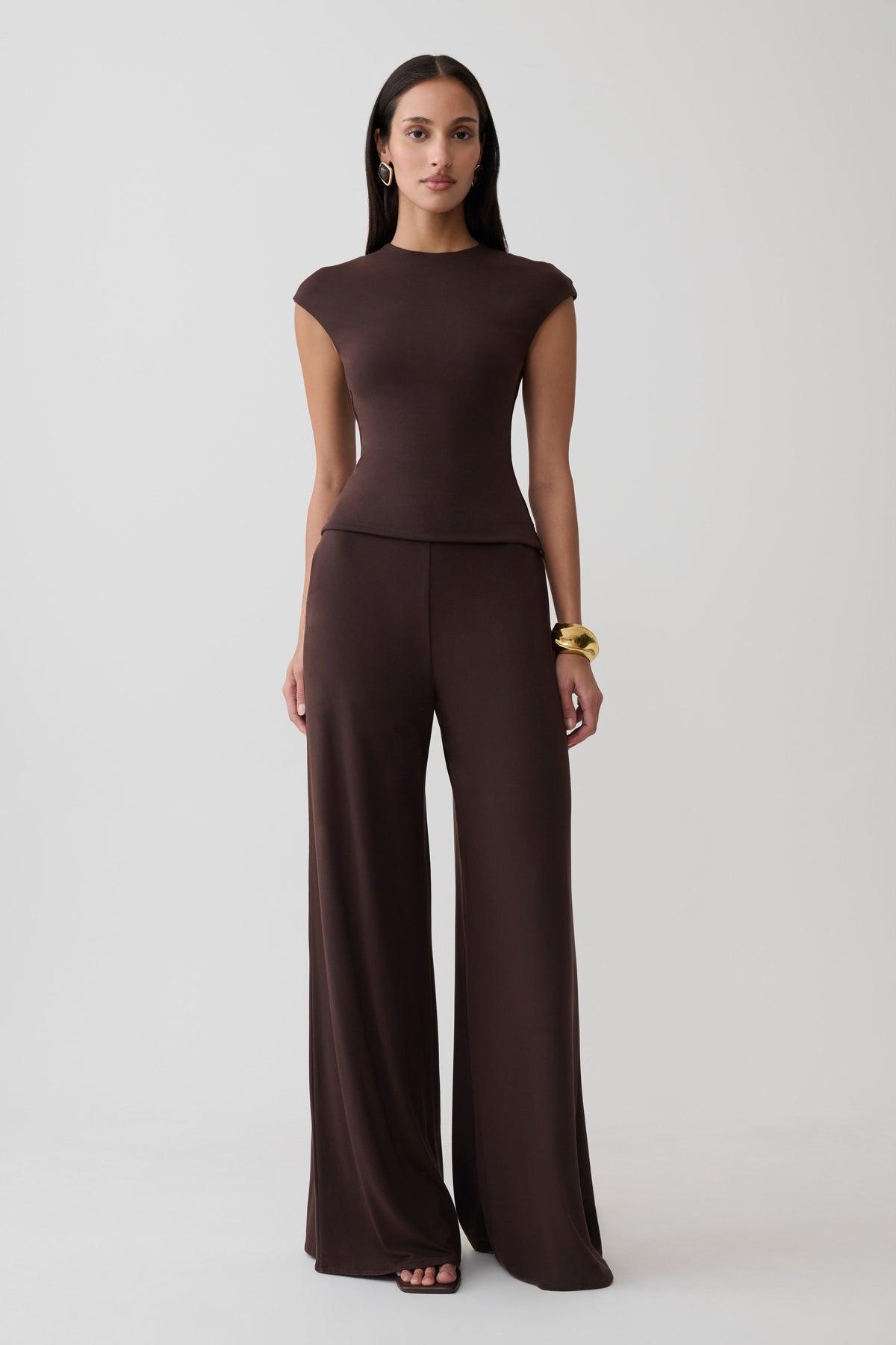 Wide Leg Peached Jersey Pants - Chocolate