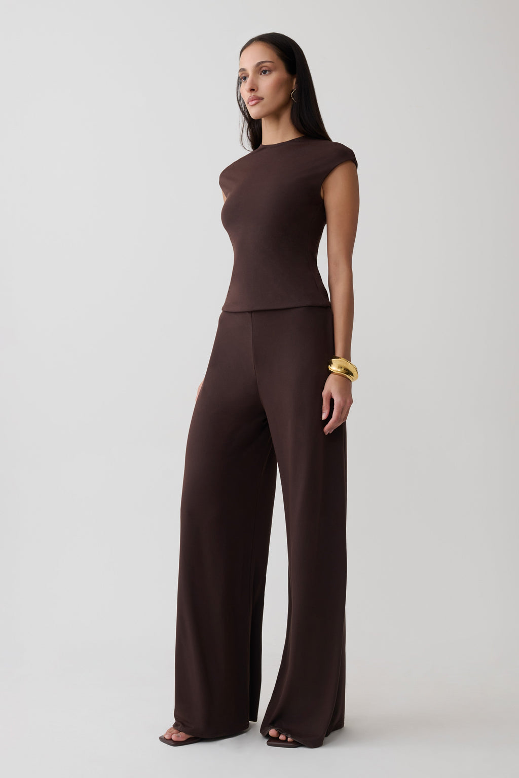 Wide Leg Peached Jersey Pants - Chocolate