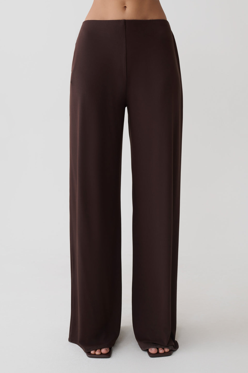 Woman wearing brown wide leg peached jersey pants.