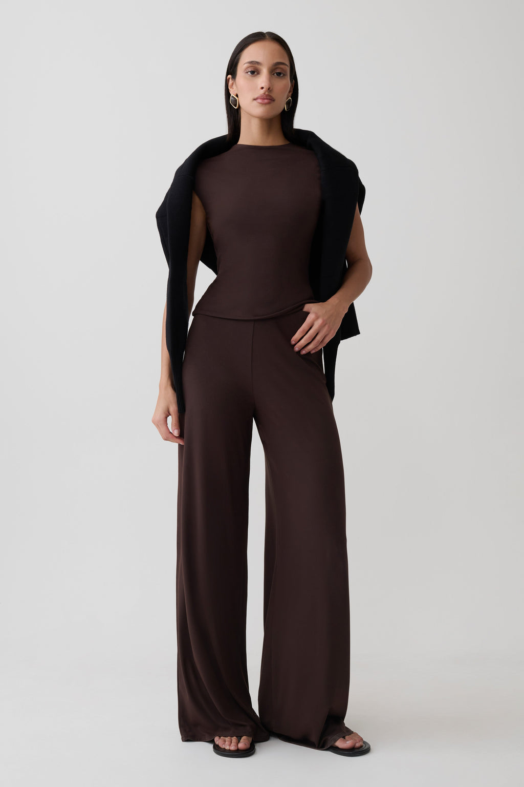 Wide Leg Peached Jersey Pants - Chocolate