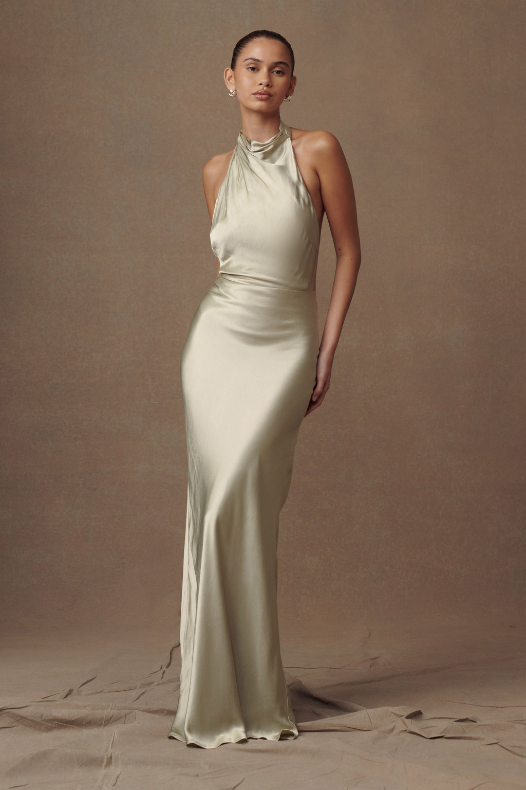 Iridescent Satin Cowl Maxi Dress - Sage