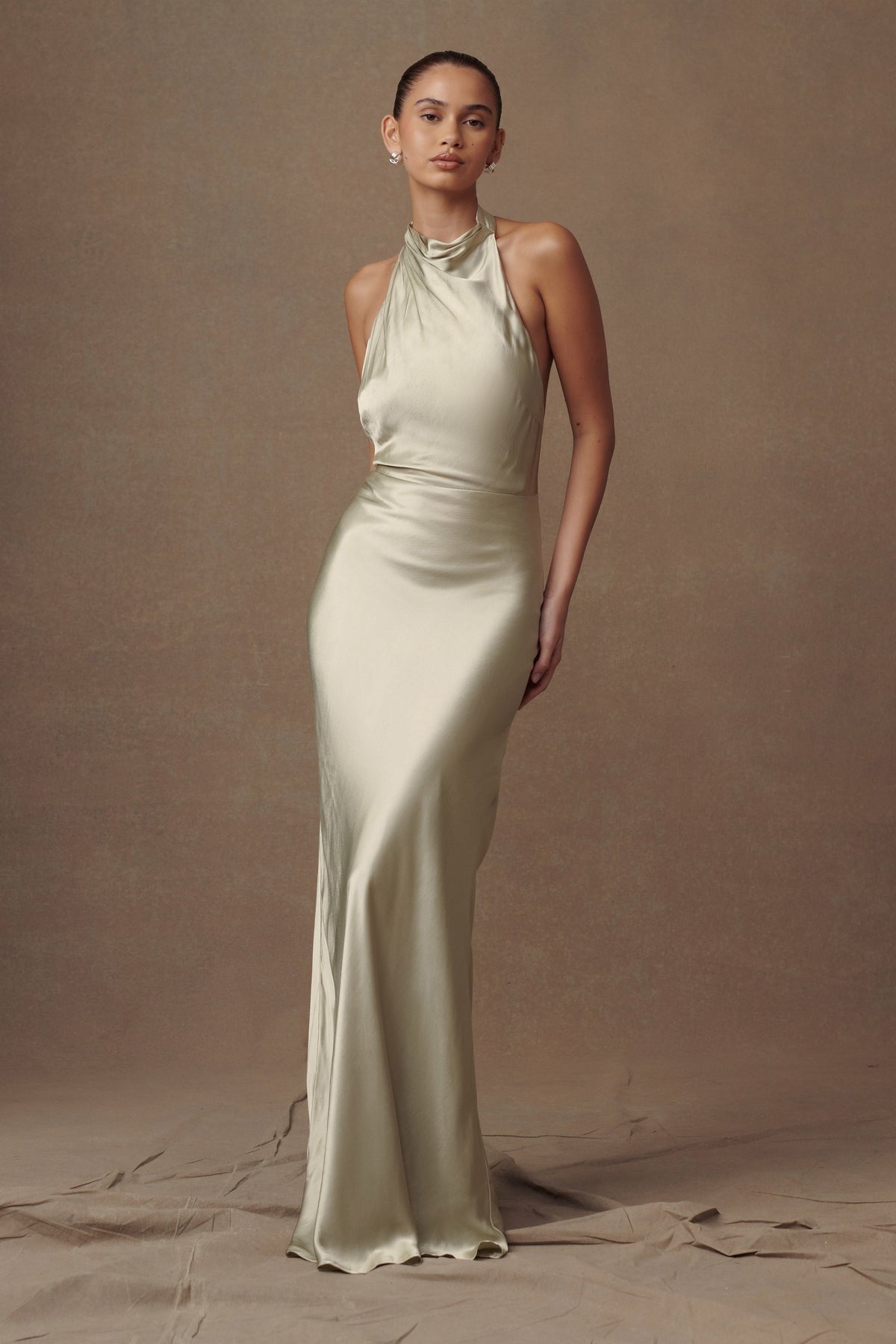 Iridescent Satin Cowl Maxi Dress - Sage