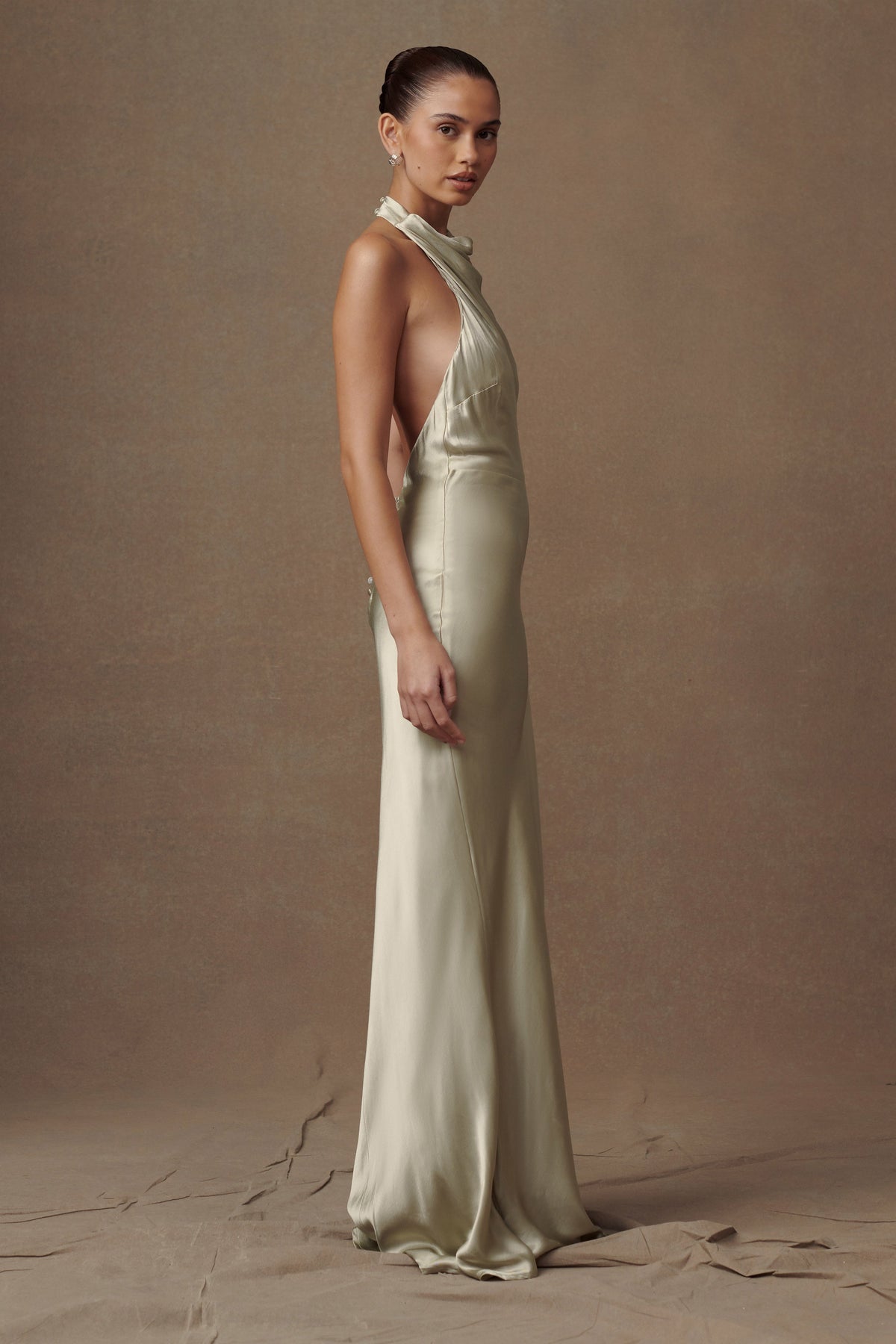 Iridescent Satin Cowl Maxi Dress - Sage