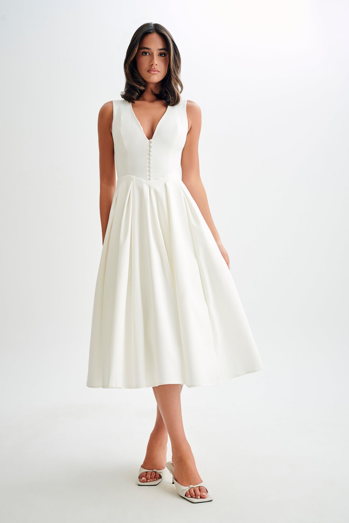 Cotton Sleeveless Midi Dress - White