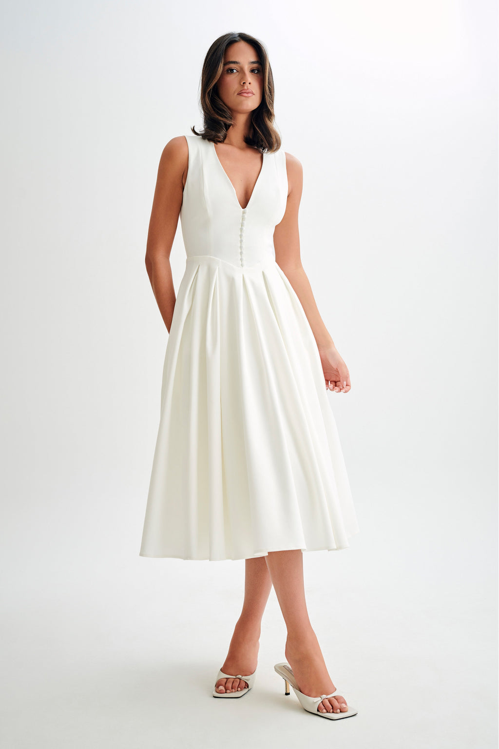 Cotton Sleeveless Midi Dress - White