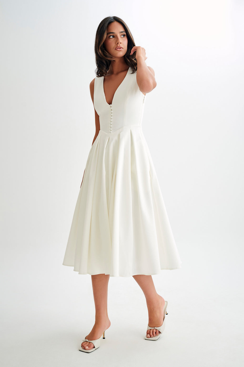 Cotton Sleeveless Midi Dress - White