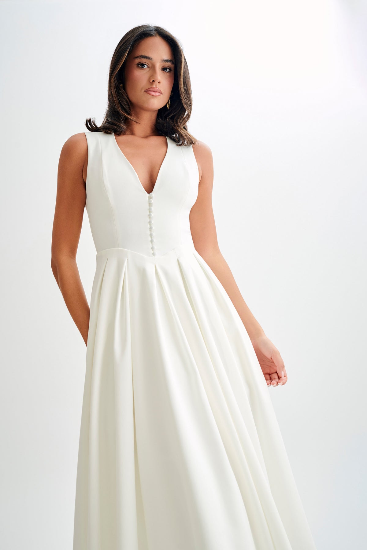 Cotton Sleeveless Midi Dress - White